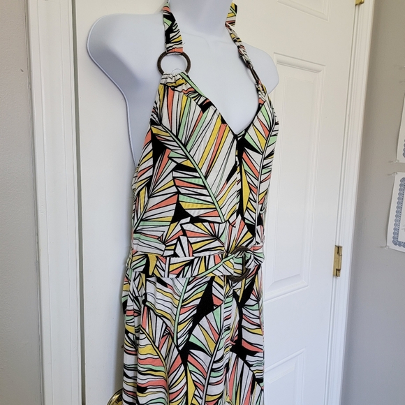 Derek Heart Halter Backless Wide Leg Tropical Retro Jumpsuit Ring Detail Size L - Picture 3 of 12